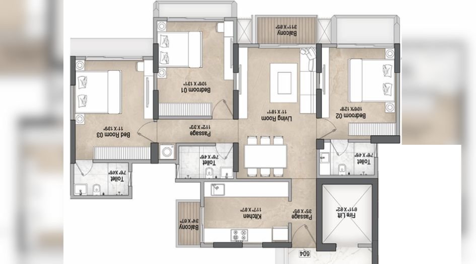 Vascon-Orchid-Floor-Plan-3 BHK-998 Sqft-C-Wing